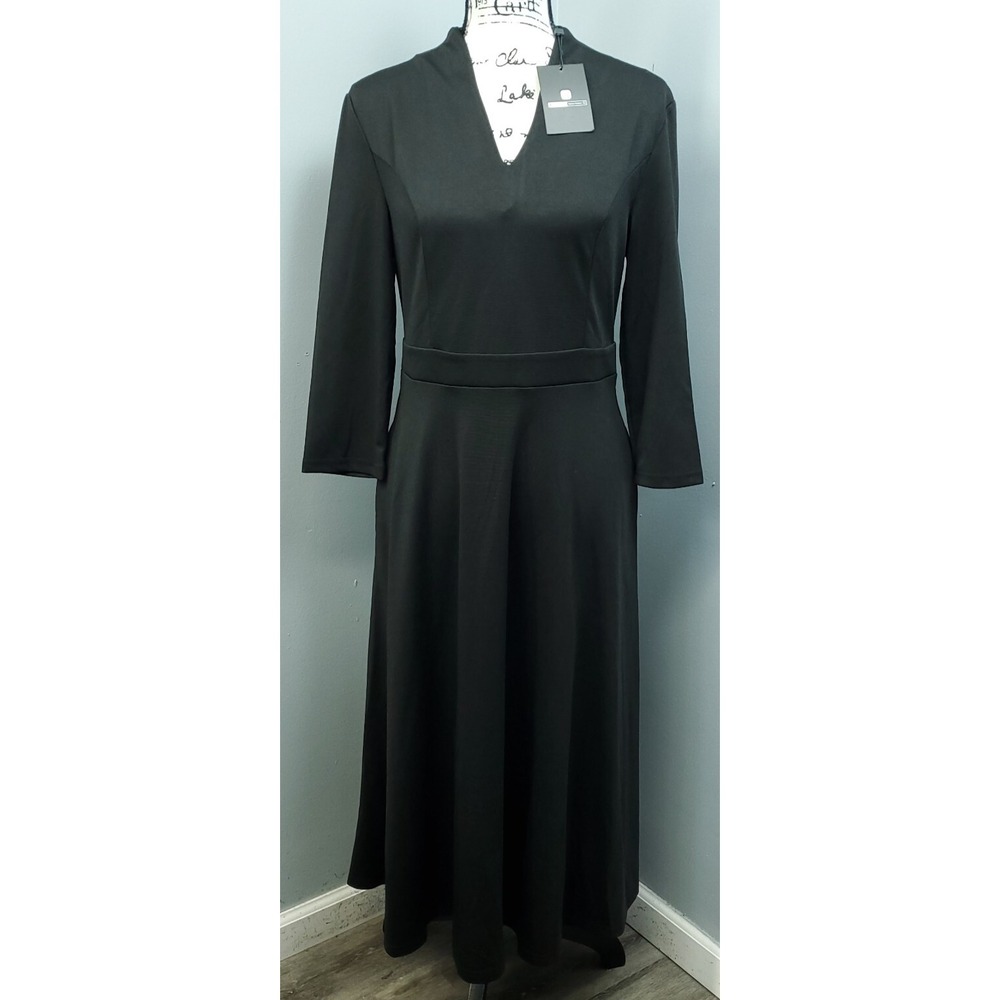 Stylewe Silky Dress Womens S Black Empire Waist Swing Hem Plunge V-Neck Back Zip